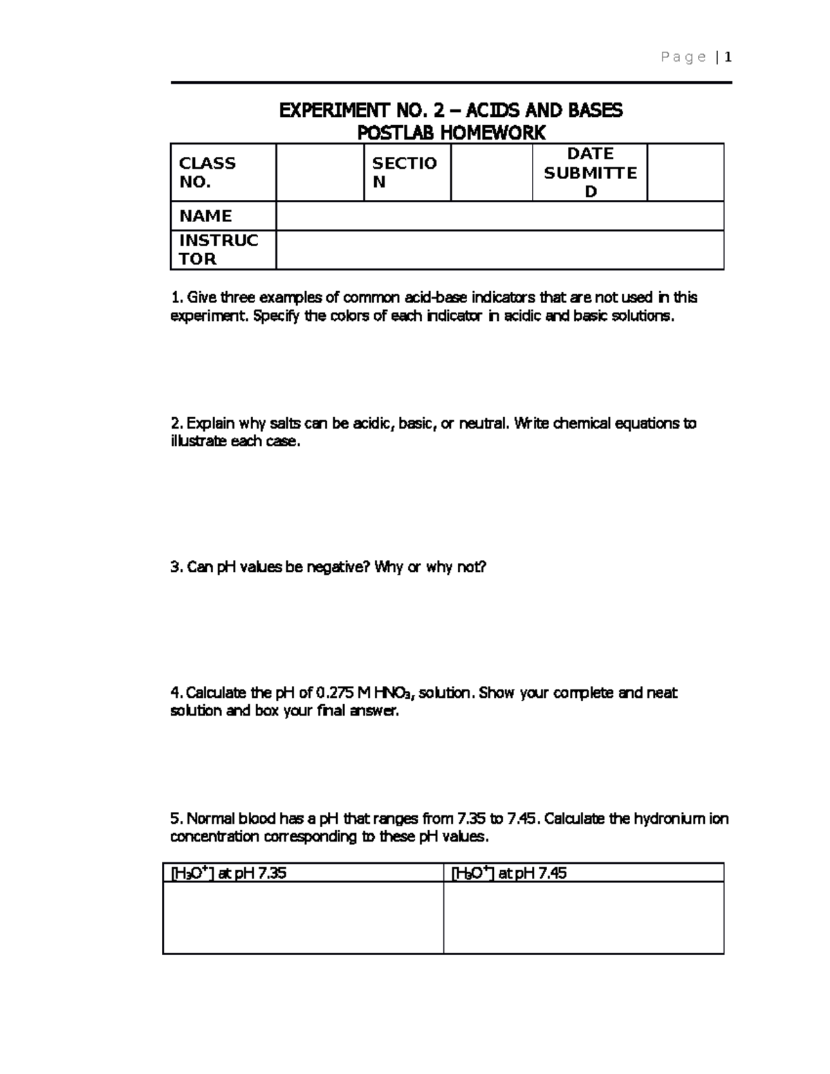E02 Acids and Bases [POST LAB Report] P a g e 1 EXPERIMENT NO. 2
