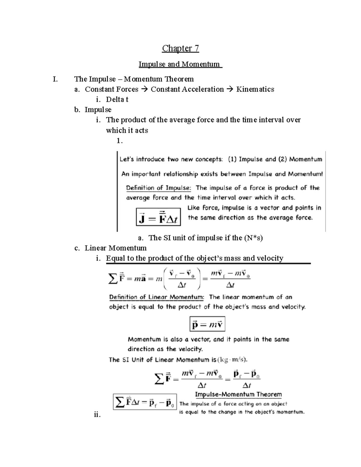 Chapter Seven - NOTES - Chapter 7 Impulse And Momentum I. The Impulse ...