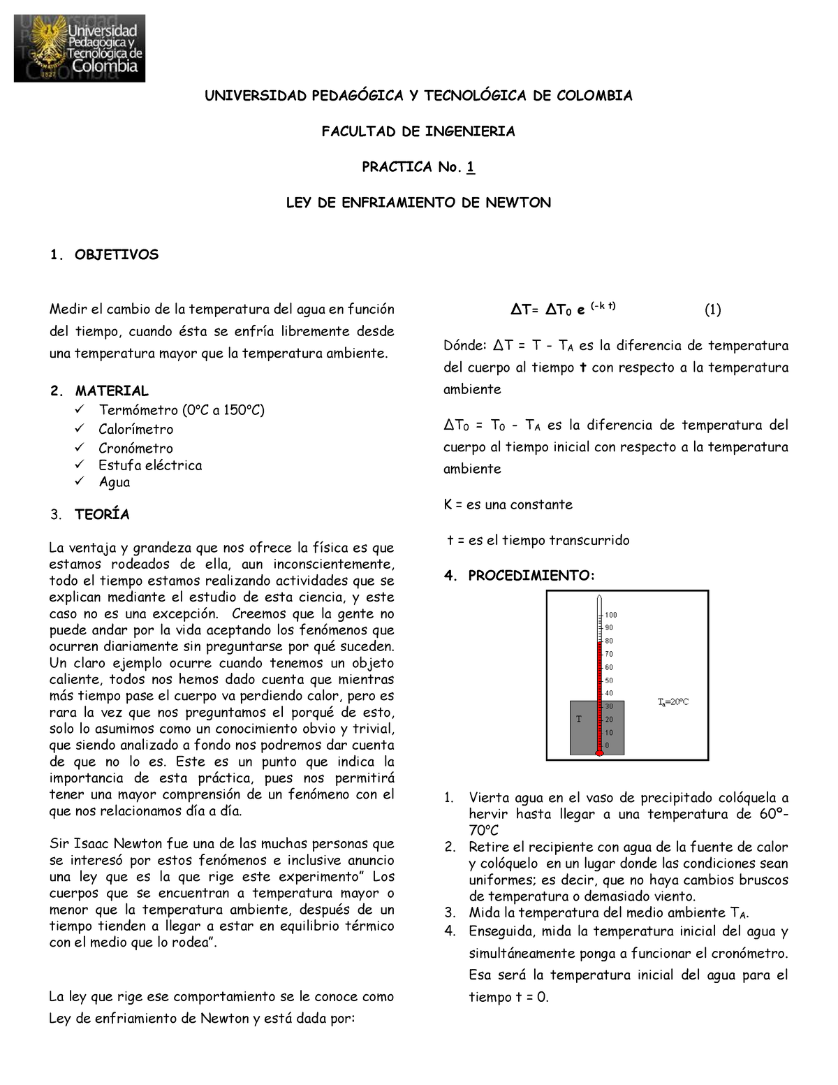 Practica 1 Constante De Enfriamiento De Newton - UNIVERSIDAD PEDAG”GICA ...