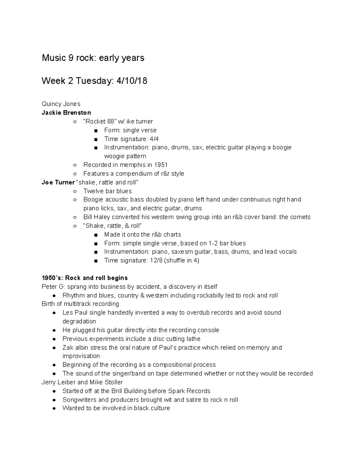 Music 9 - Lecture notes weeks 2-10 - Music 9 rock: early years Week 2 ...