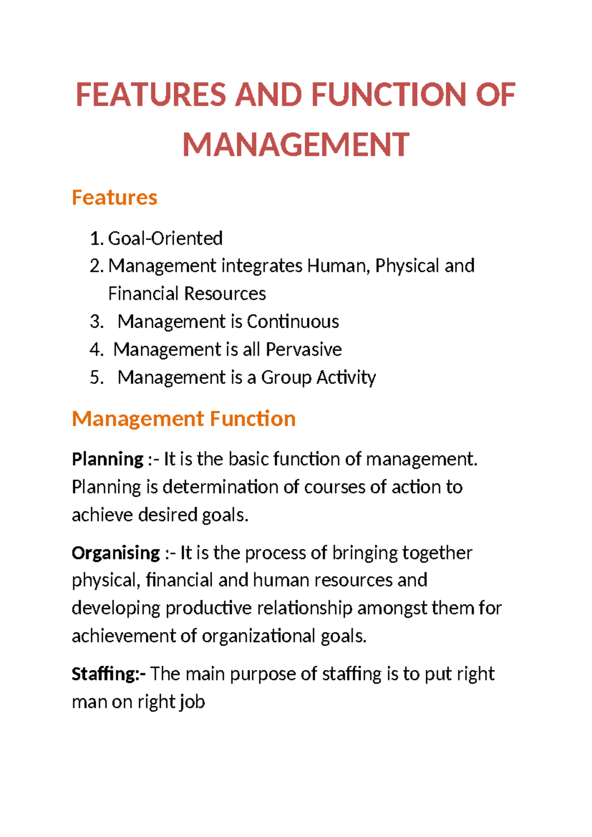 Features AND Function OF Management - FEATURES AND FUNCTION OF ...
