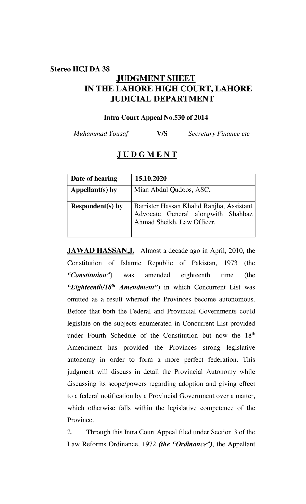 2020LHC2581 - Stereo HCJ DA 38 JUDGMENT SHEET IN THE LAHORE HIGH COURT ...
