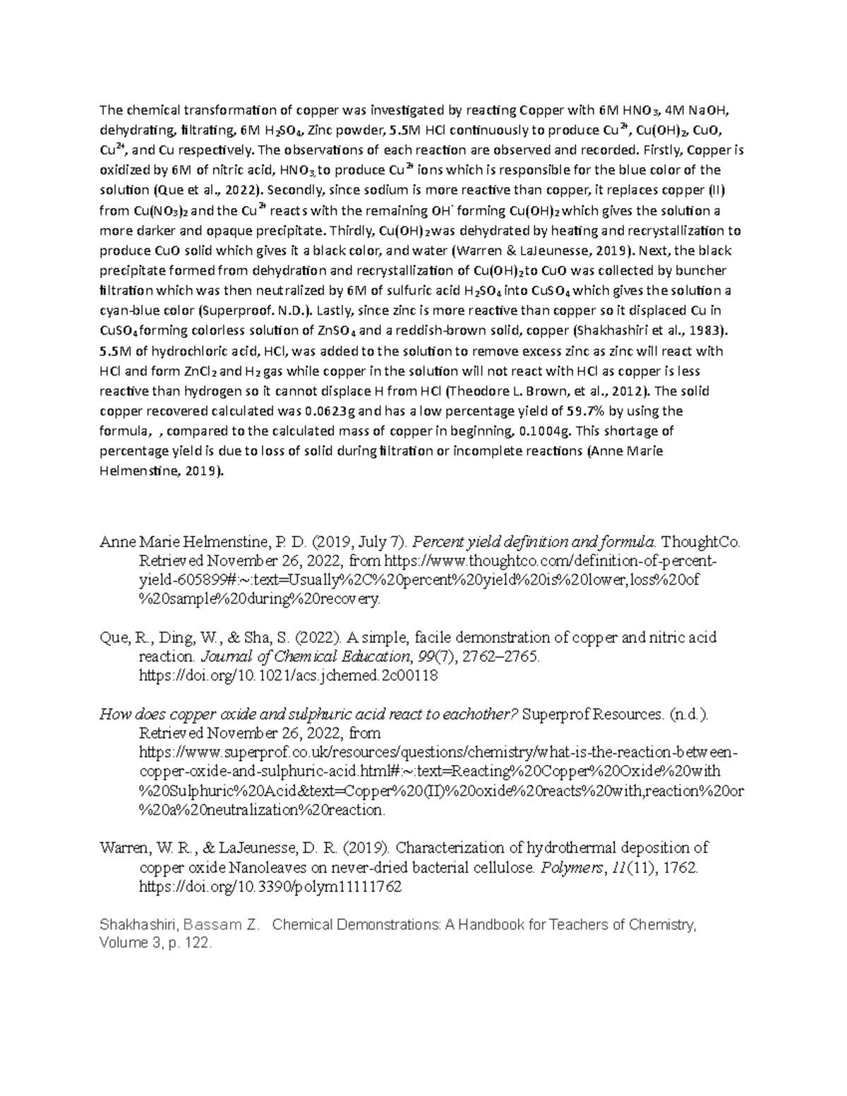 The chemical transformation of copper was investigated by reacting ...