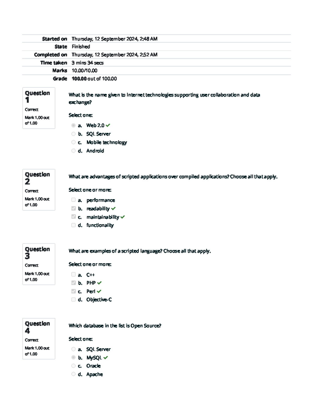 Self-Quiz Unit 1 Attempt review Home - Question 1 Correct Mark 1 out of ...
