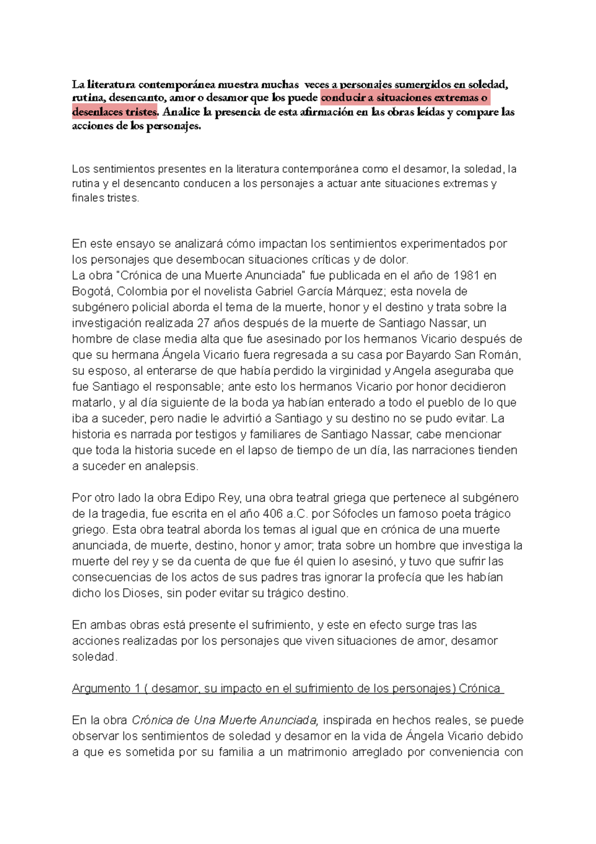 Argumento De La Obra Cronica De Una Muerte Anunciada Cronica de una muerte anunciada - La literatura contemporánea muestra  muchas veces a personajes - Studocu