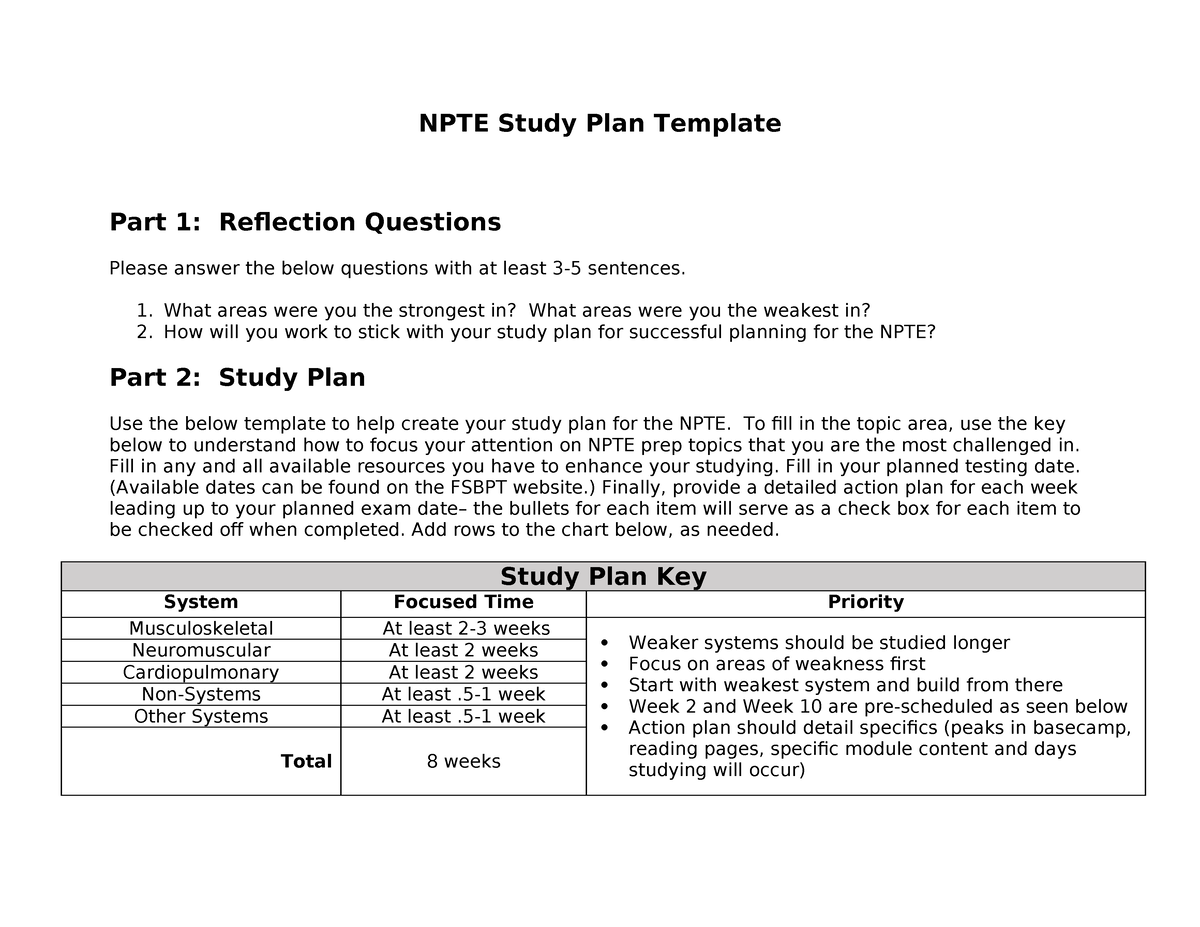 NPTE Study Plan Template - 1. What Areas Were You The Strongest In ...