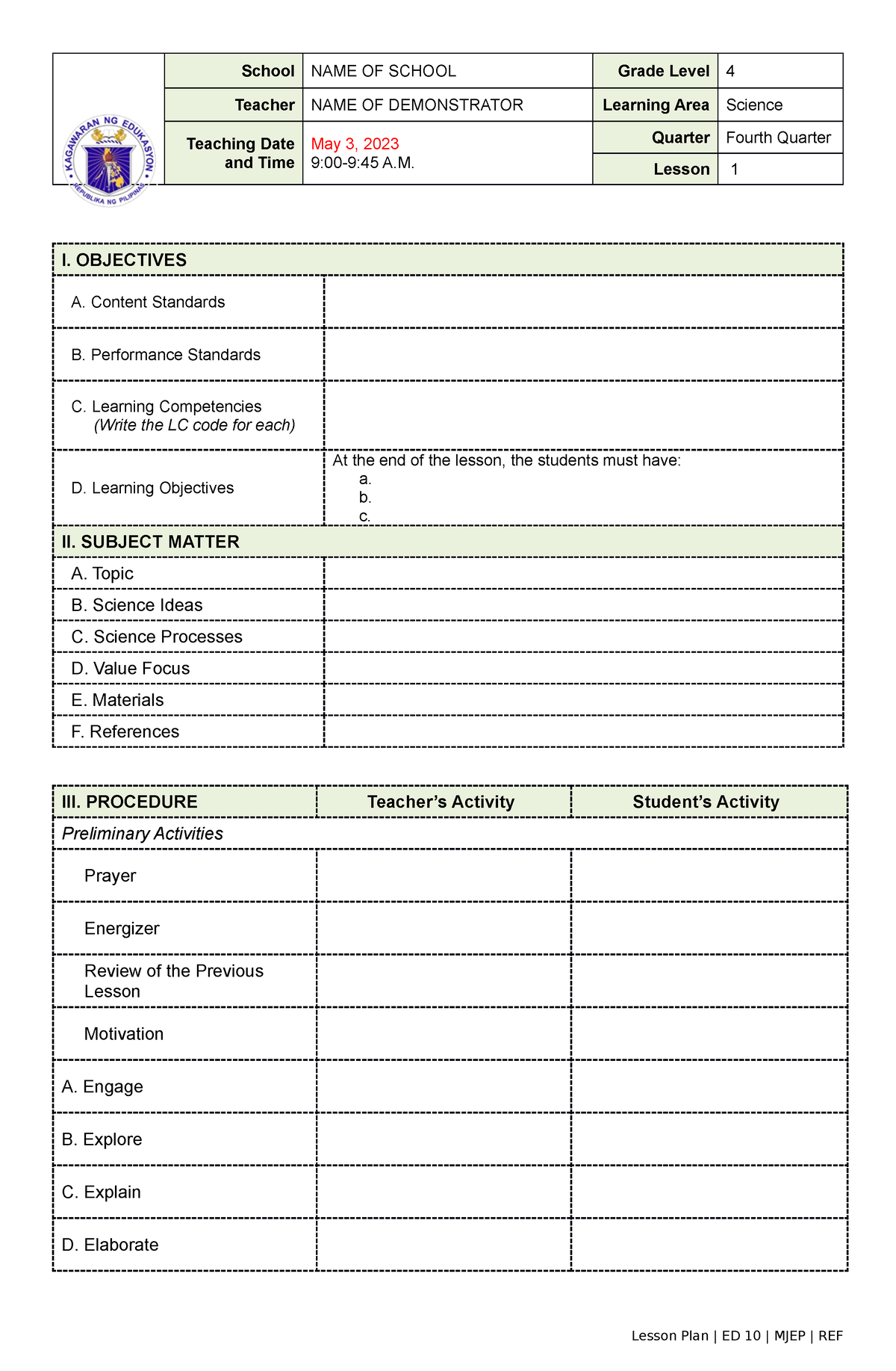 Lesson Plan Template 1 - School NAME OF SCHOOL Grade Level 4 Teacher ...