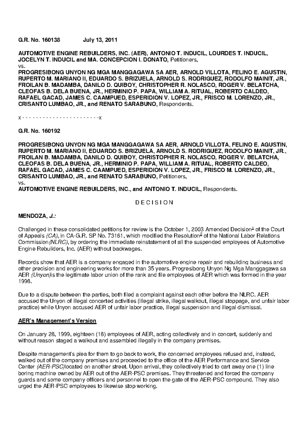 Automotive Engine v. Progresibong Unyon - G. No. 160138 July 13, 2011 ...