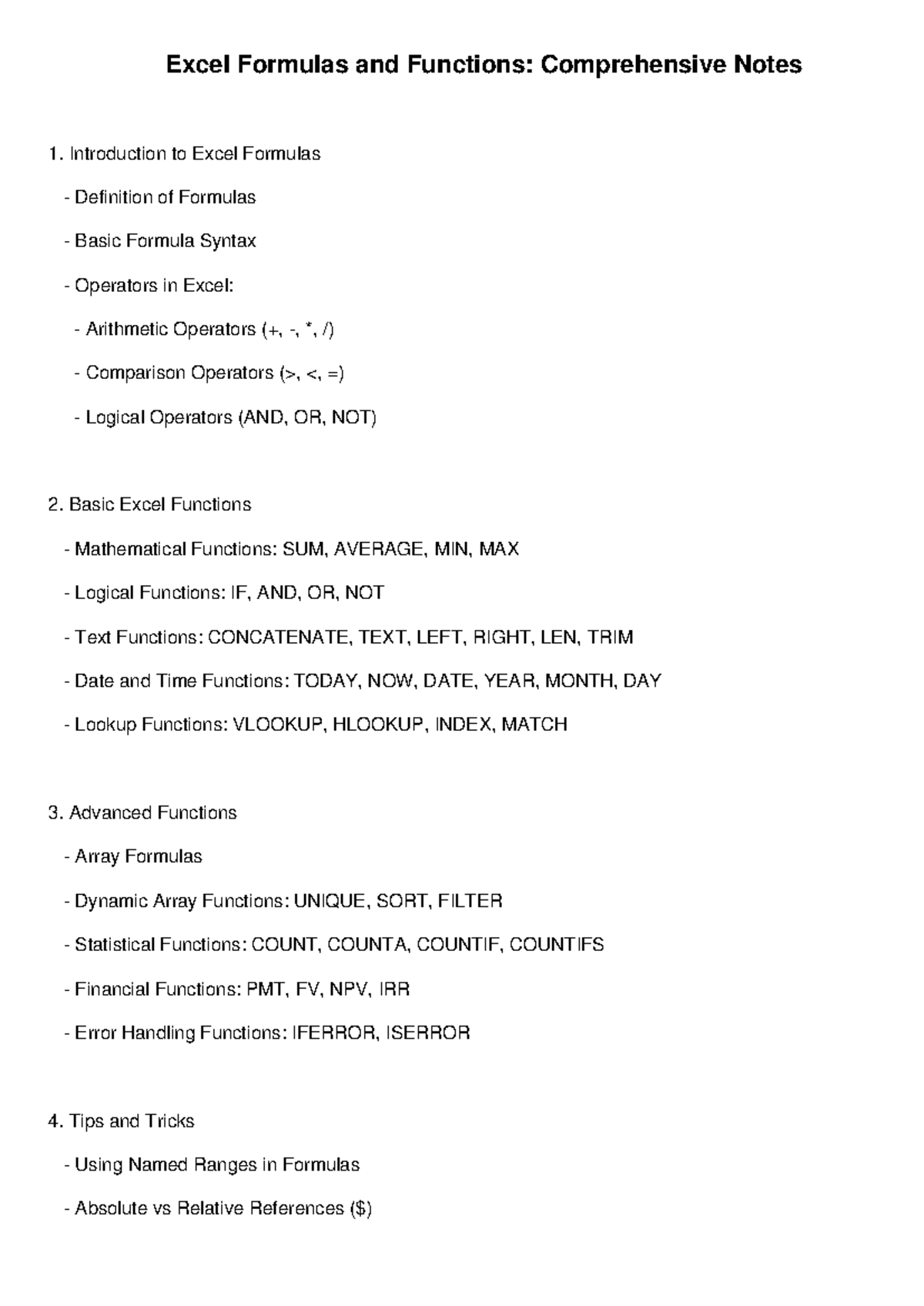 Excel Formulas and Functions Notes - Excel Formulas and Functions ...