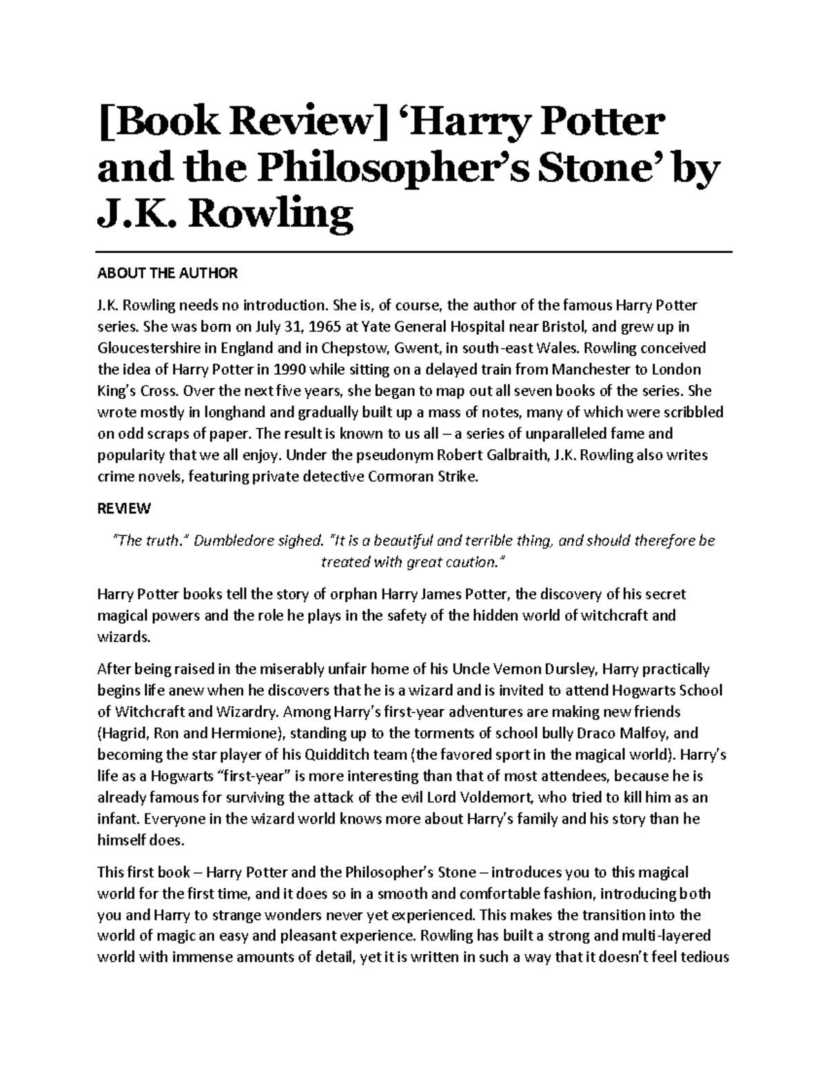 how to write a book review of harry potter and the philosopher's stone