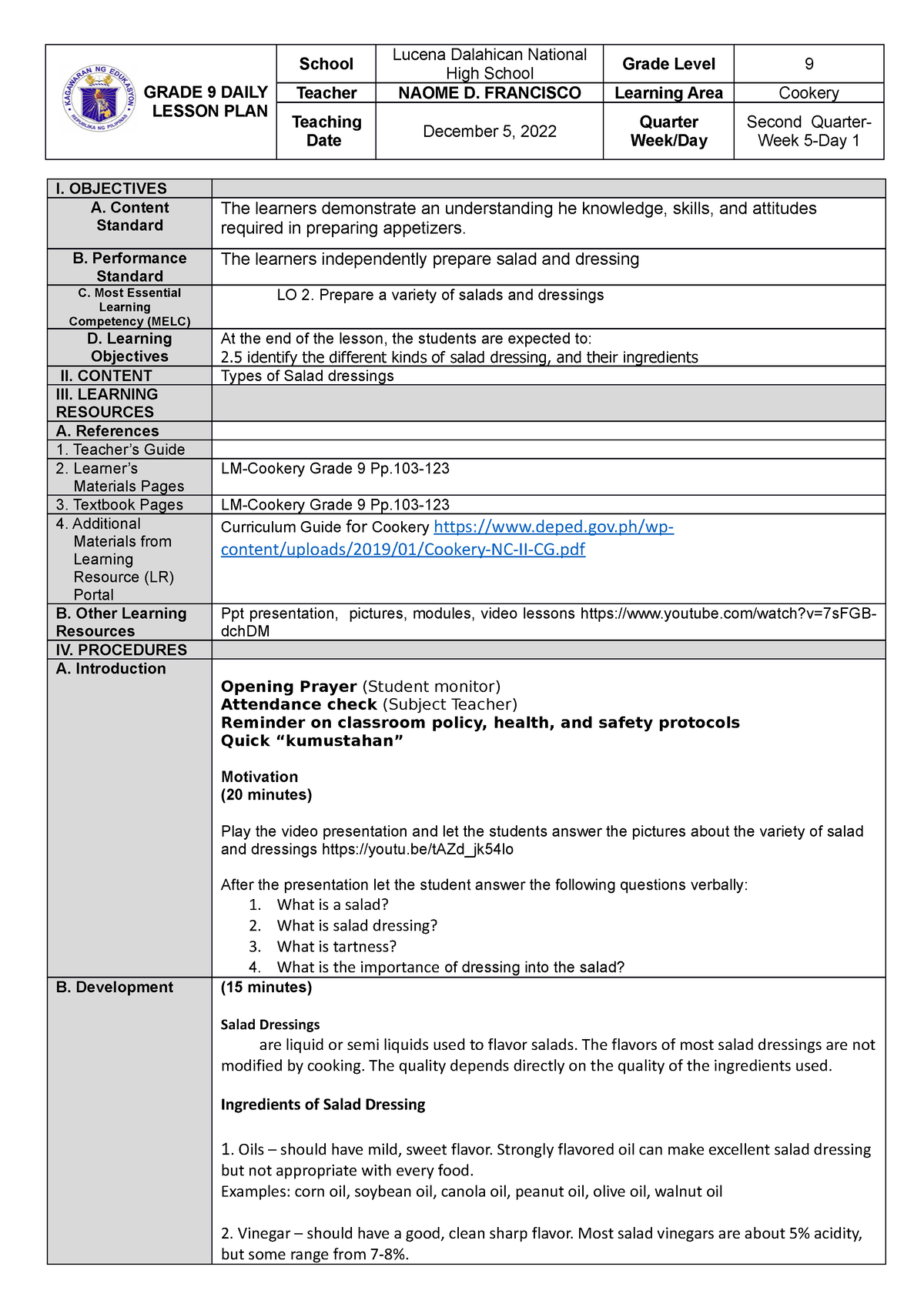 DLP Q2 W5 D1 Types OF Salad Dressing - GRADE 9 DAILY LESSON PLAN School ...