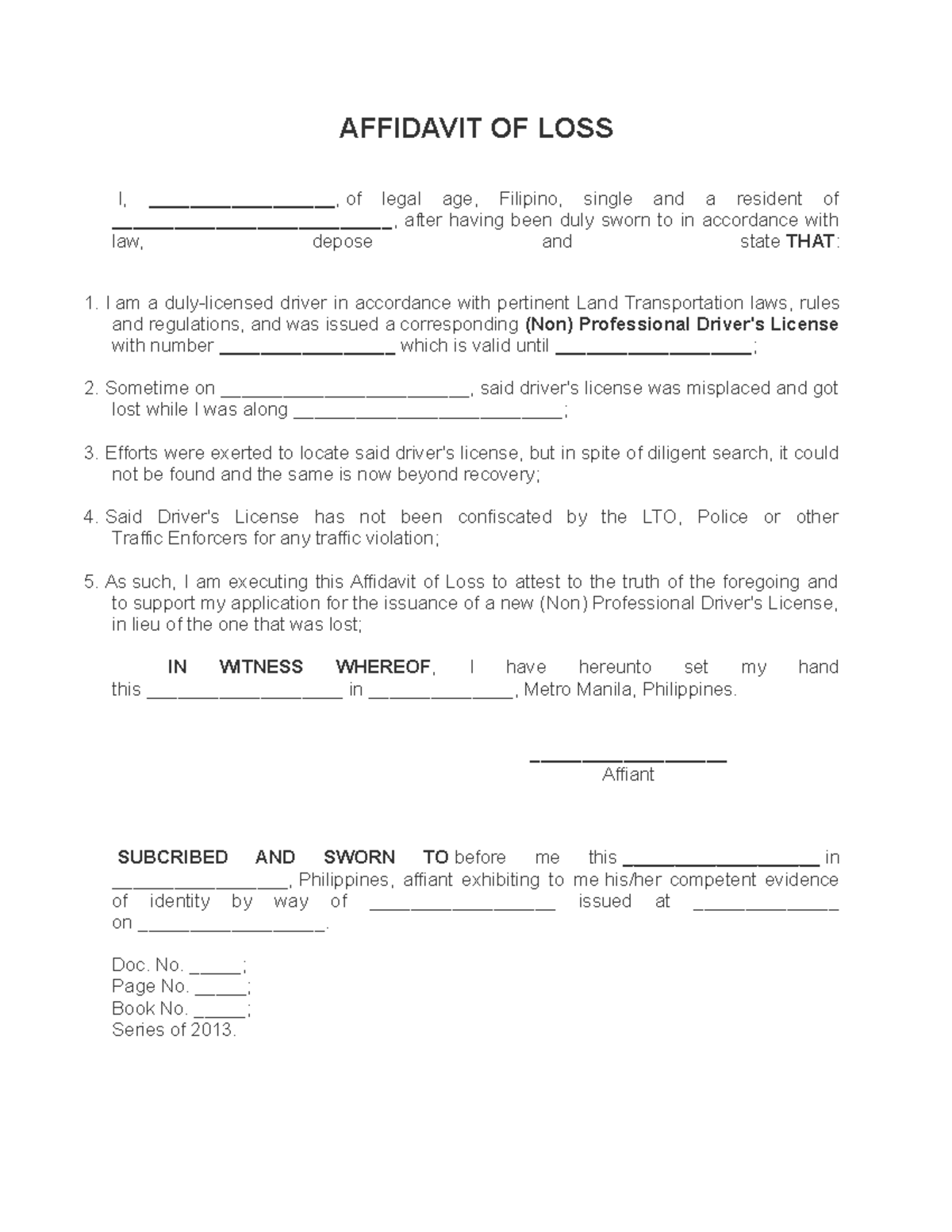 Affidavit of loss - sample - AFFIDAVIT OF LOSS I ...