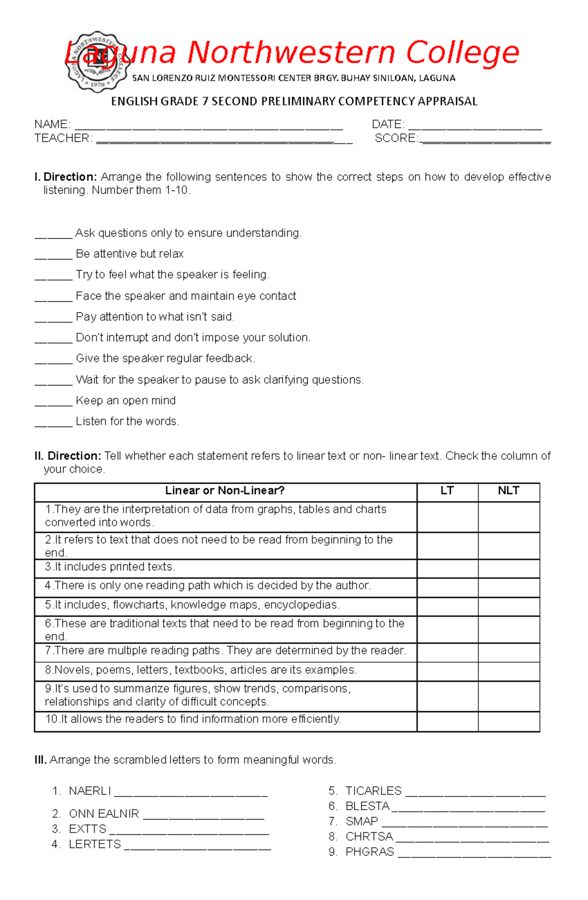 English Grade 7 Second Preliminary Competency Appraisal - Laguna ...