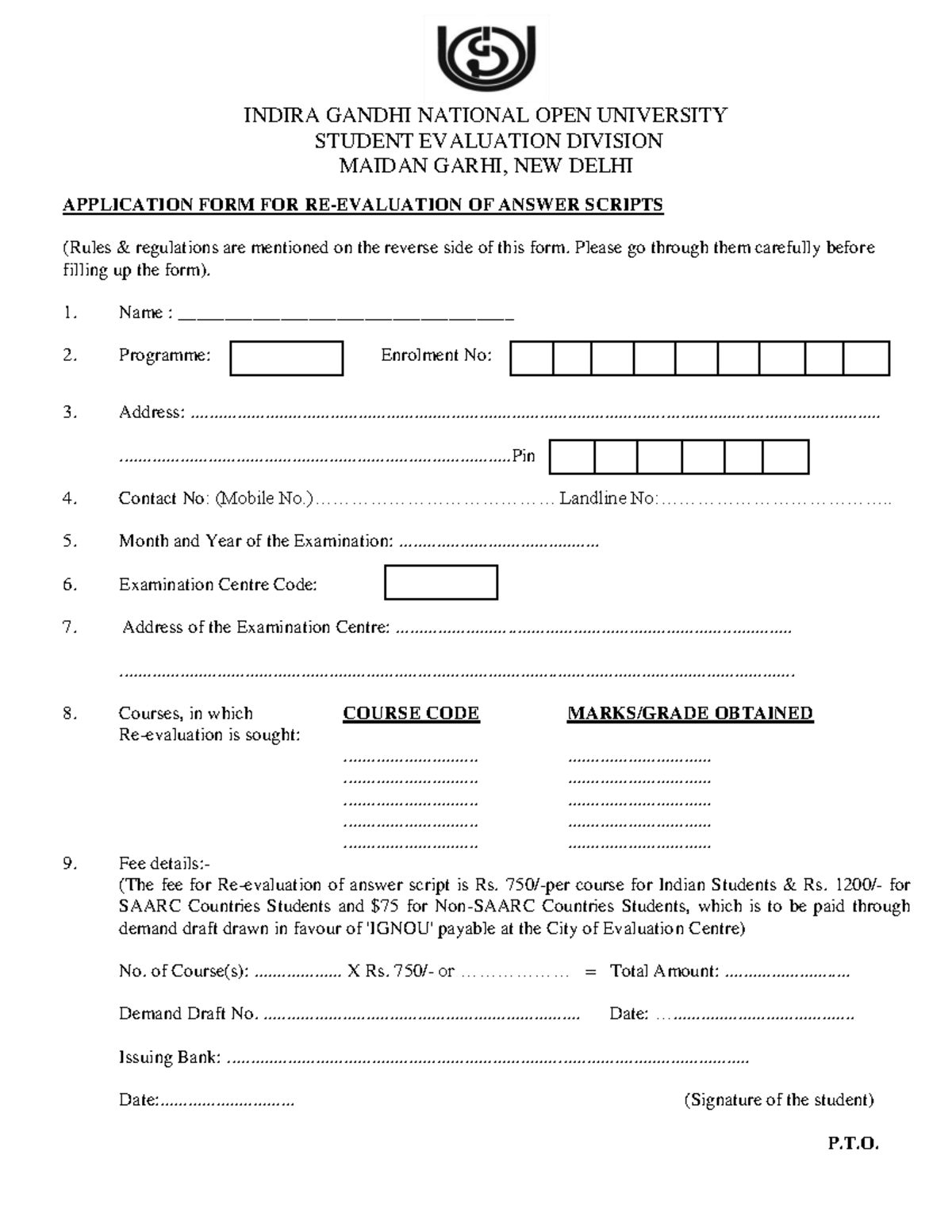 Application form for Reevaluation of Answer Scripts - INDIRA GANDHI ...