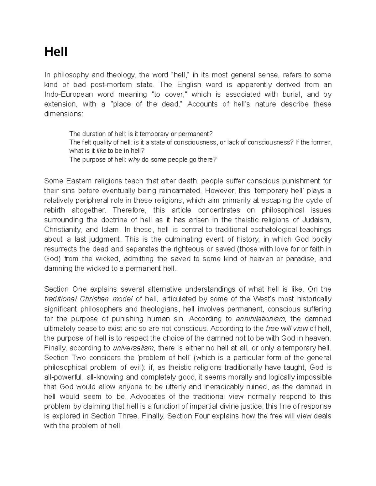 Philosophy Notes #2 PHL 454 - Hell In philosophy and theology, the word ...