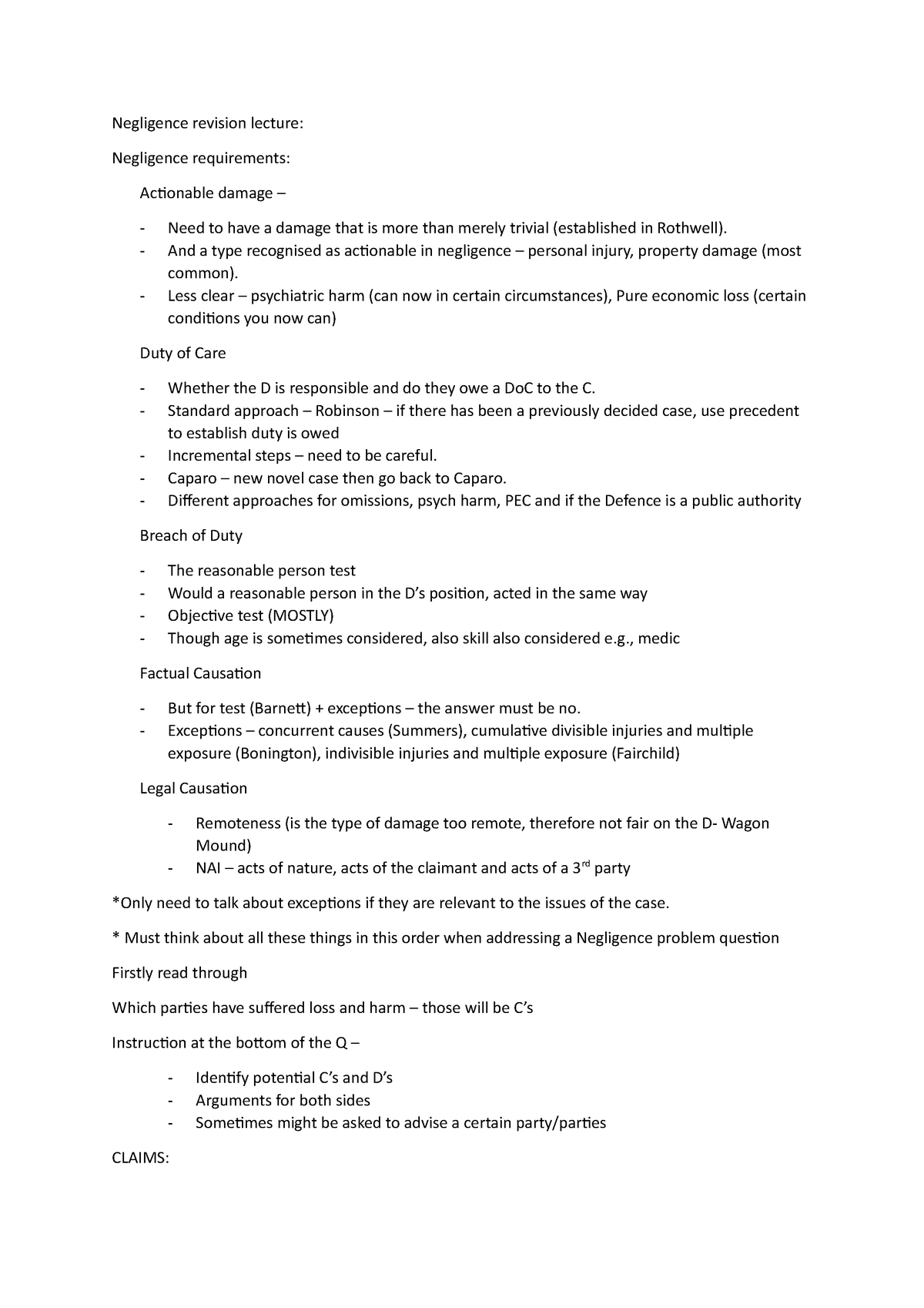 Negligence revision - N/A - Negligence revision lecture: Negligence ...