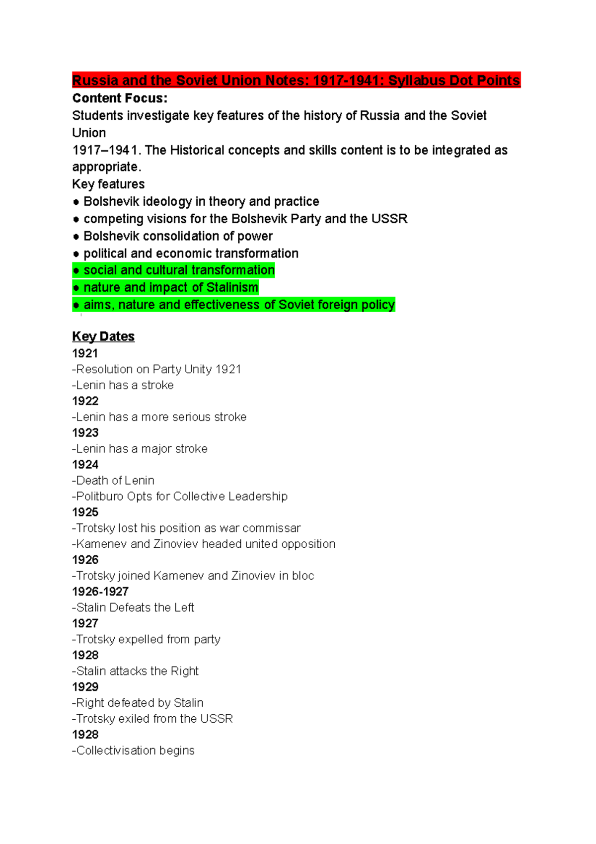 Russia And The Soviet Union Notes 1917 1941 Syllabus Dot Points The Russia And The Soviet Union Notes 1917 1941 Syllabus Dot Points The