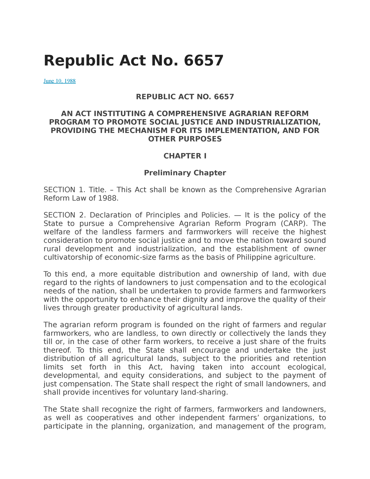 RA NO. 6657 CARP - agrarian law - Republic Act No. 6657 June 10, 1988 ...