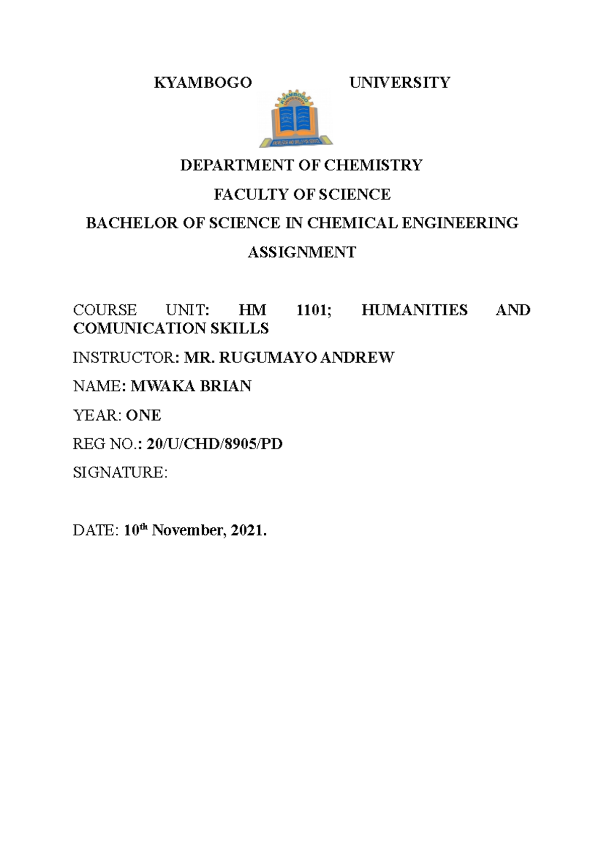 Assignment Humanities - KYAMBOGO UNIVERSITY DEPARTMENT OF CHEMISTRY ...