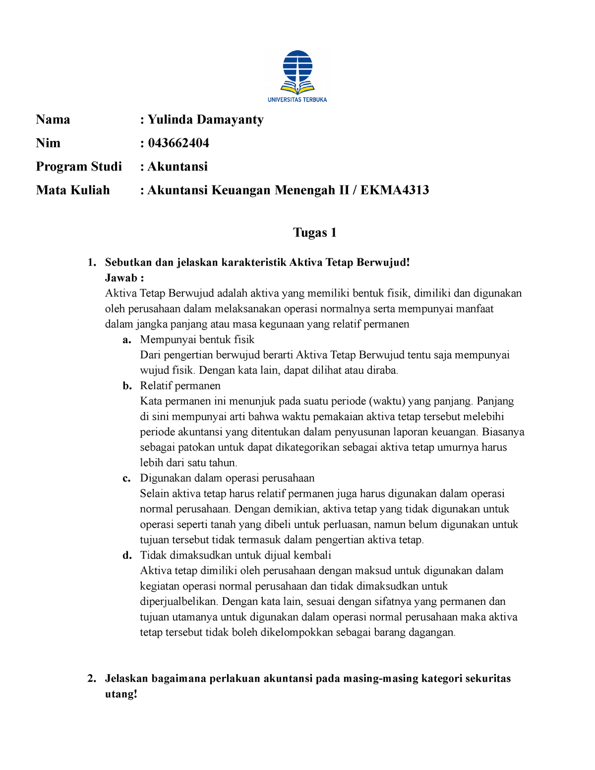 Tugas 1 EKMA4313 Akuntansi Keuangan Menengah II - Nama : Yulinda ...