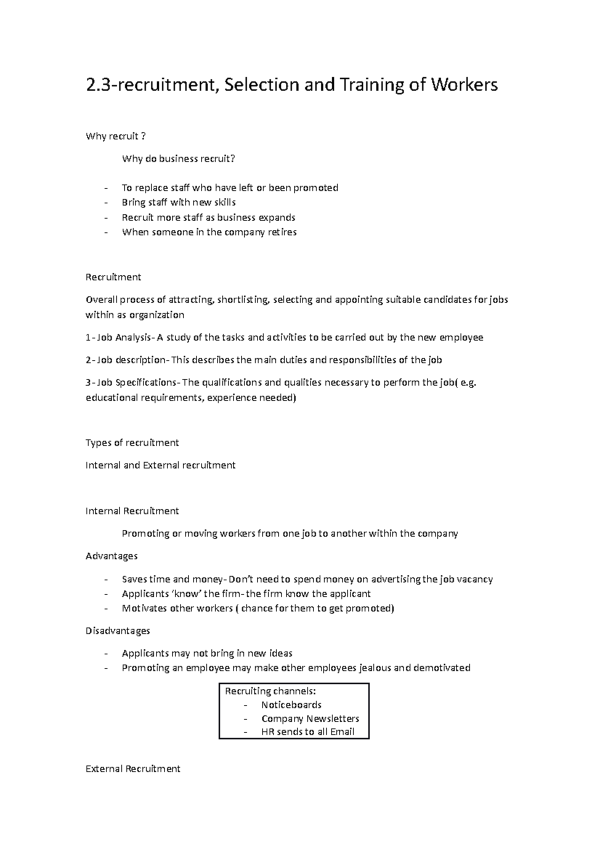 2.3-recruitment, Selection and Training of Workers notes - 2 ...