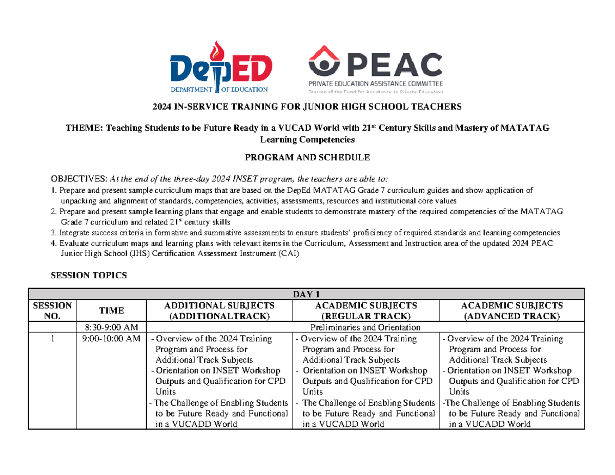 HO1-S1 2024 PEH PEAC Summer Inset Program and Schedule - 2024 IN ...