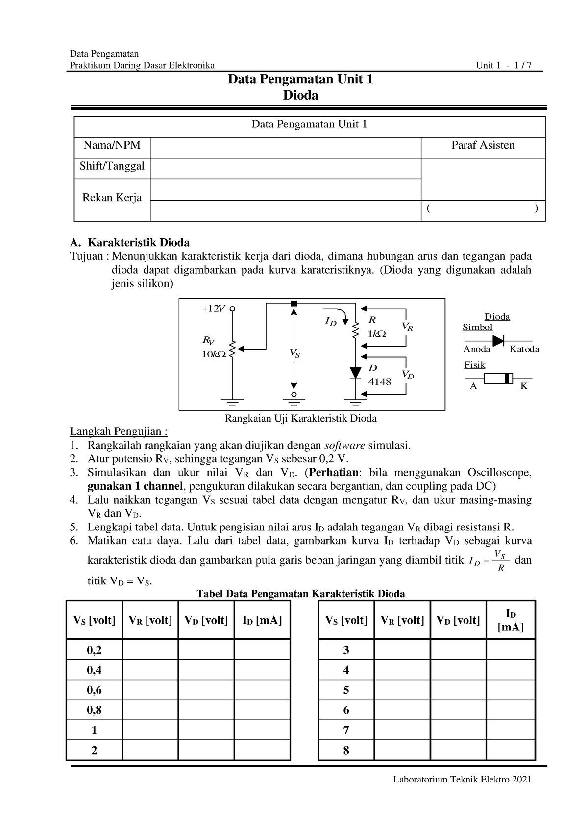 Unit 1 Dioda - Lecture Notes - Praktikum Daring Dasar Elektronika Unit ...