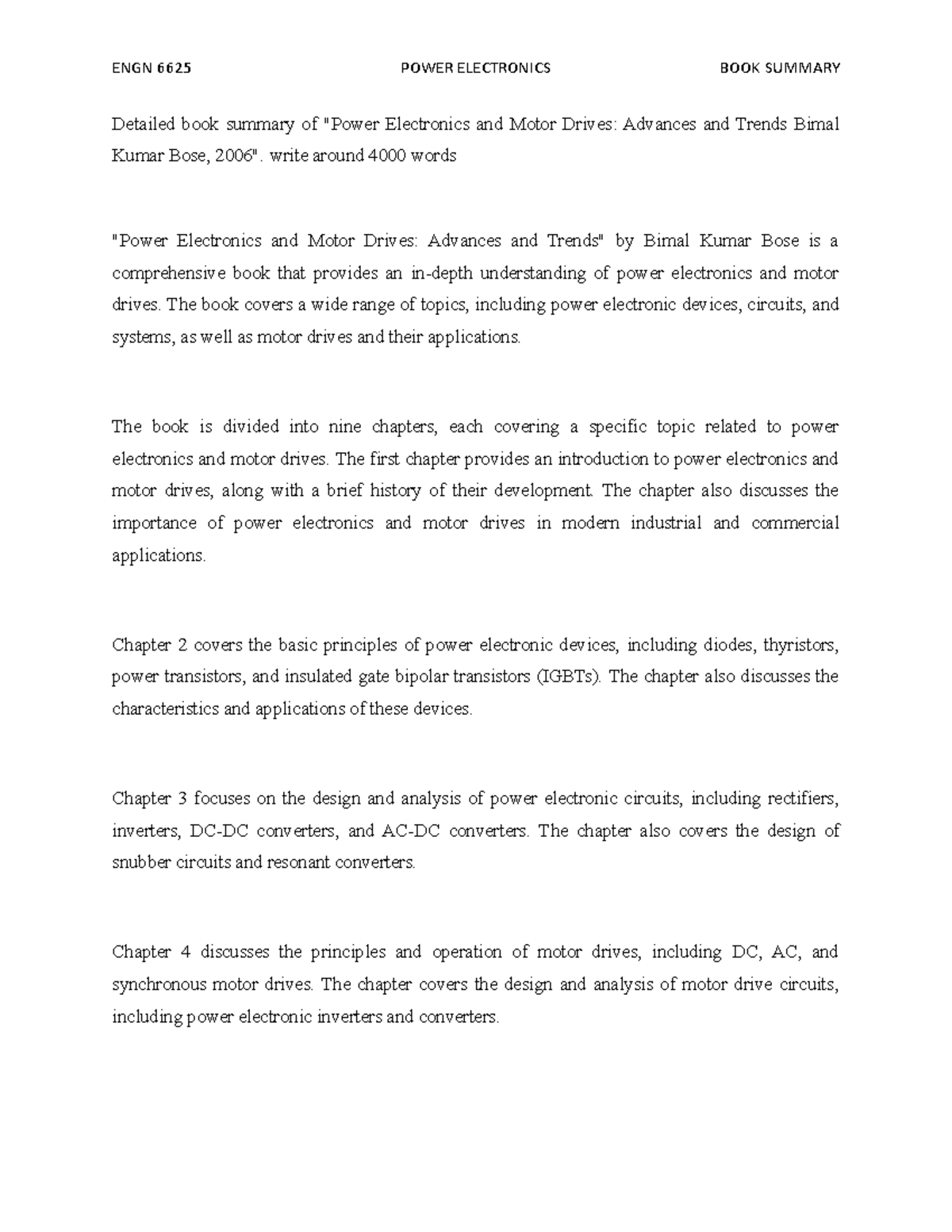 Detailed book summary of Power Electronics and Motor Drives Advances