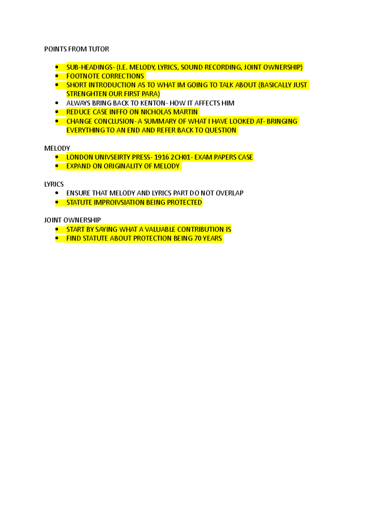 Points FROM Tutor - POINTS FROM TUTOR SUB-HEADINGS- (I. MELODY, LYRICS ...
