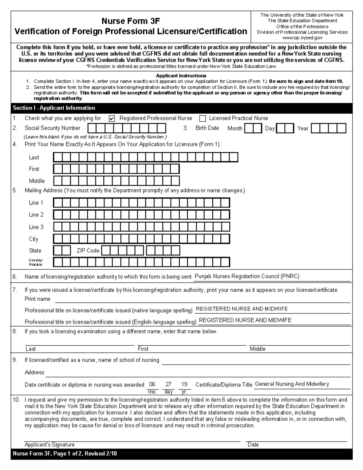 Nurse Form 3F - Verification of Foreign Professional Licensure - The ...