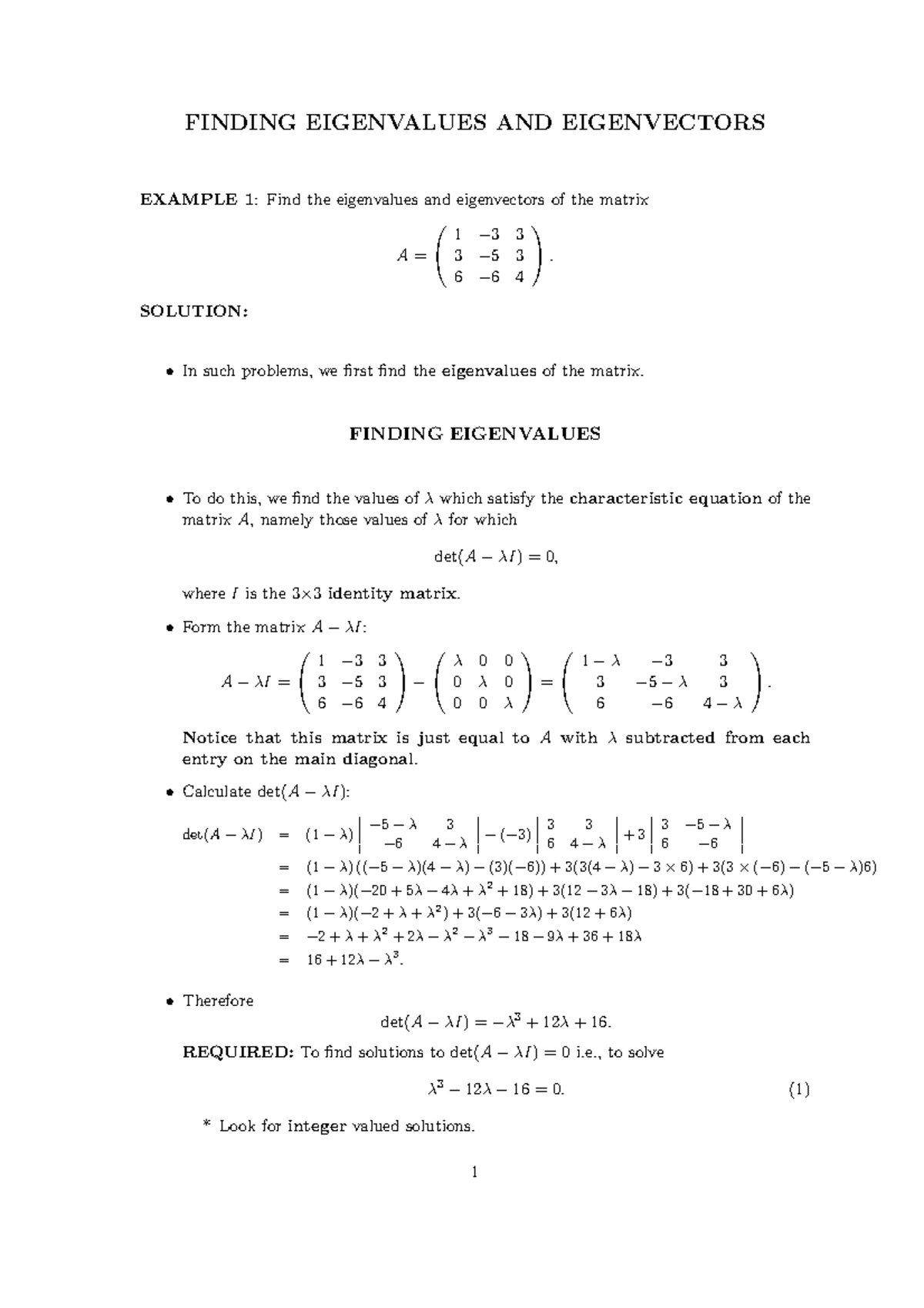 Solution Eigen - FINDING EIGENVALUES AND EIGENVECTORS EXAMPLE 1: Find ...