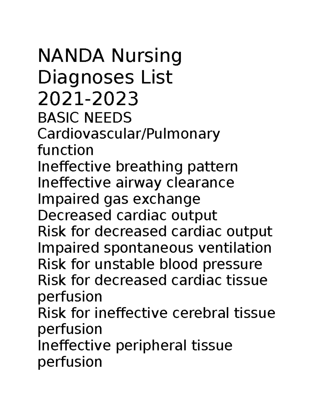 Nanda Nursing Diagnoses List - NANDA Nursing Diagnoses List 2021- BASIC ...