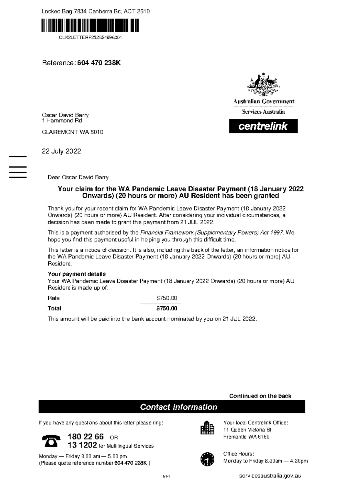 Emergency Recovery Payment Grant P232854996 1/11 servicesaustralia