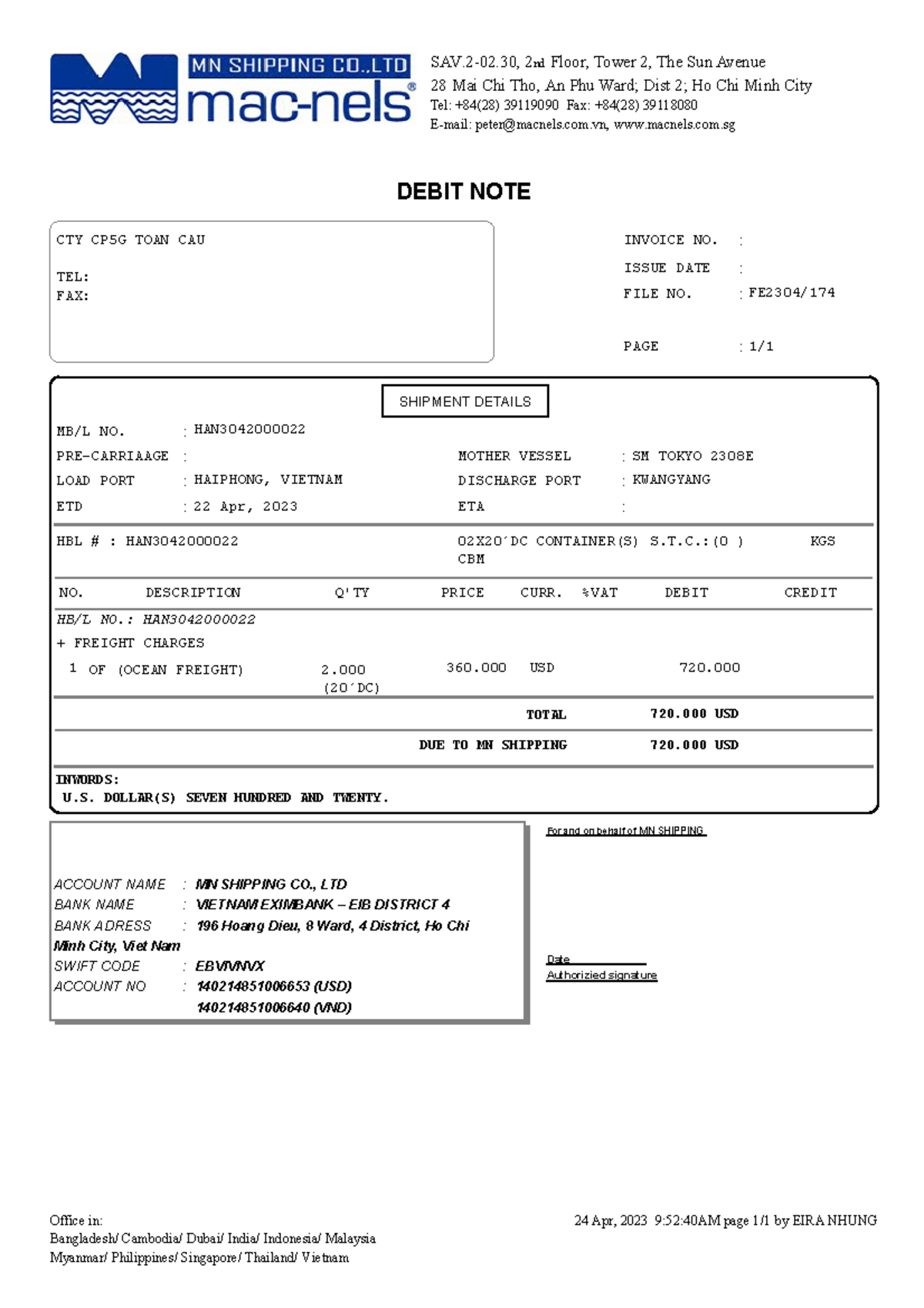 Debit NOTE OF- 5G - SAV.2-02, 2nd Floor, Tower 2, The Sun Avenue 28 Mai ...
