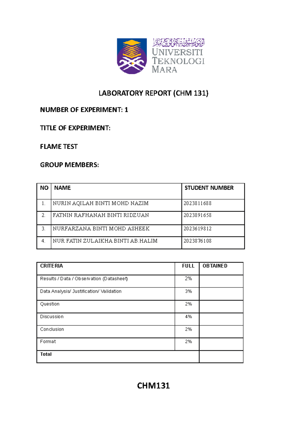 CHM131 - FLAME TEST - LABORATORY REPORT (CHM 131) NUMBER OF EXPERIMENT ...