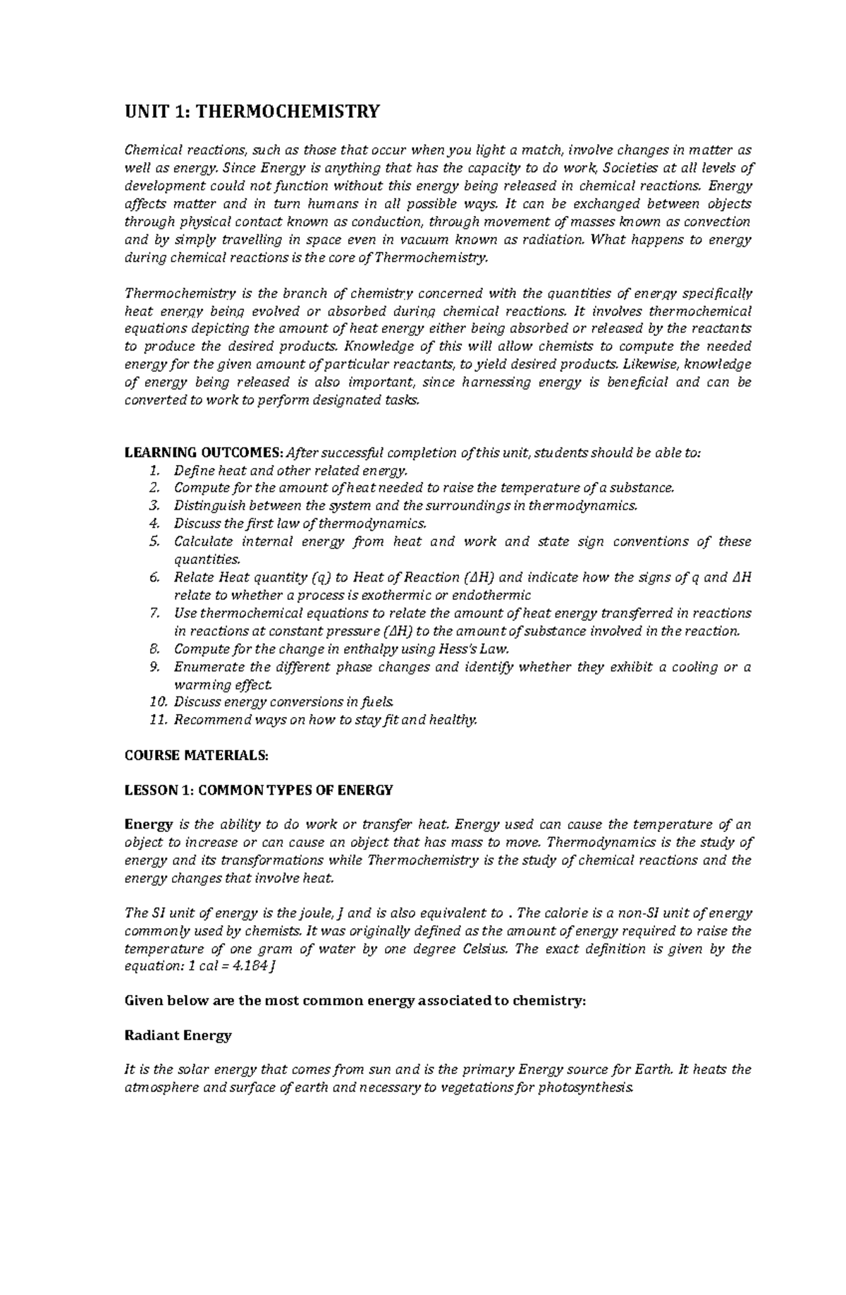 Lesson 1 - Thermochemistry - UNIT 1: THERMOCHEMISTRY Chemical reactions ...