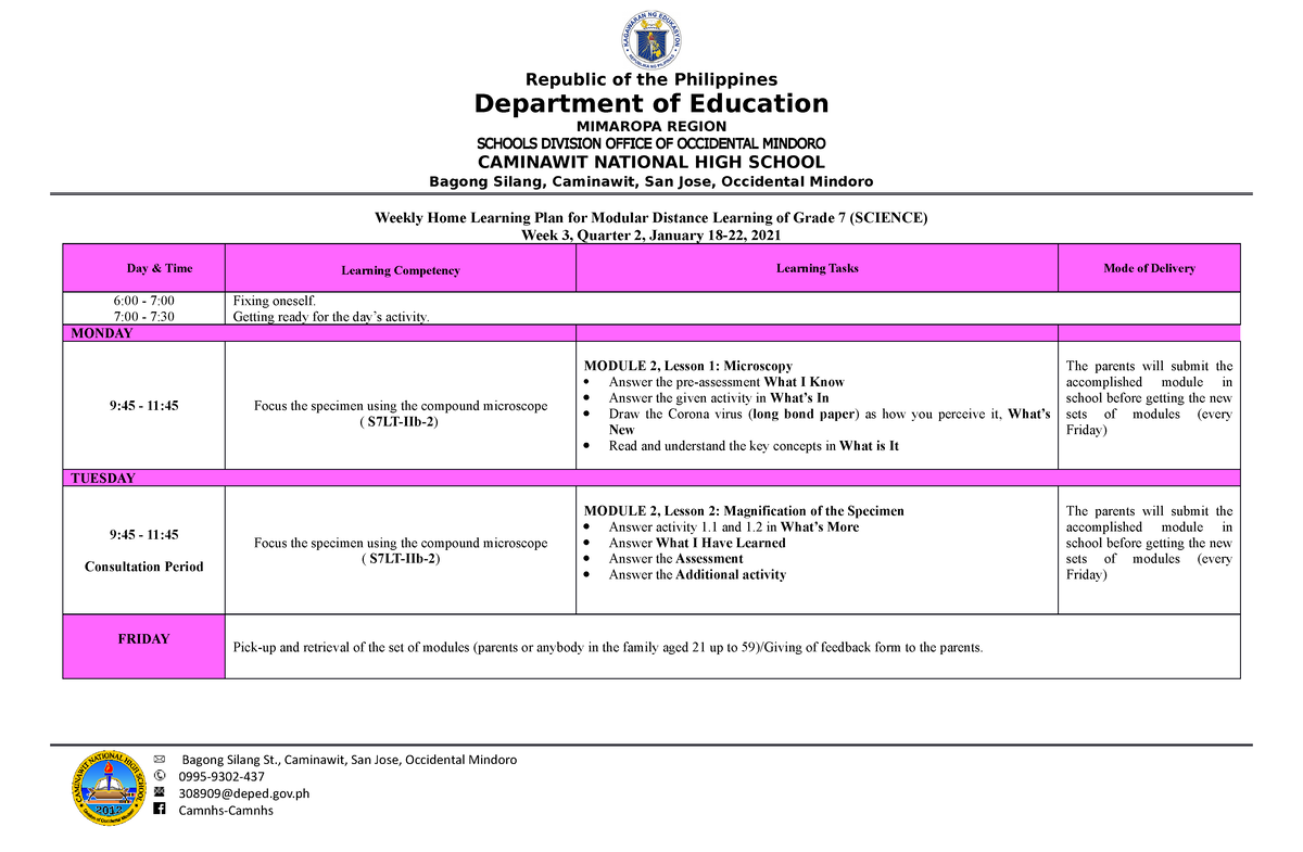 Whlp Q2 Science 7 Week 3 Republic Of The Philippines Department Of Education Mimaropa Region 0464