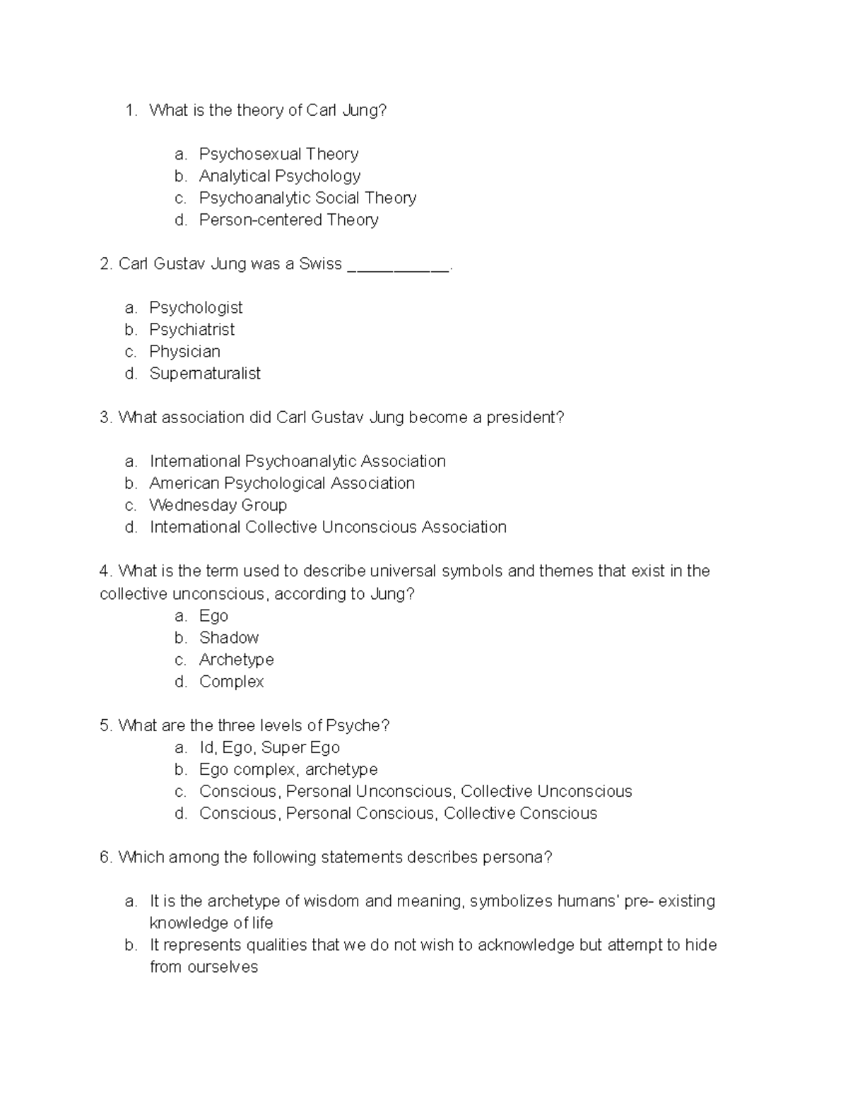 Jung assessment final w answers - What is the theory of Carl Jung? a ...