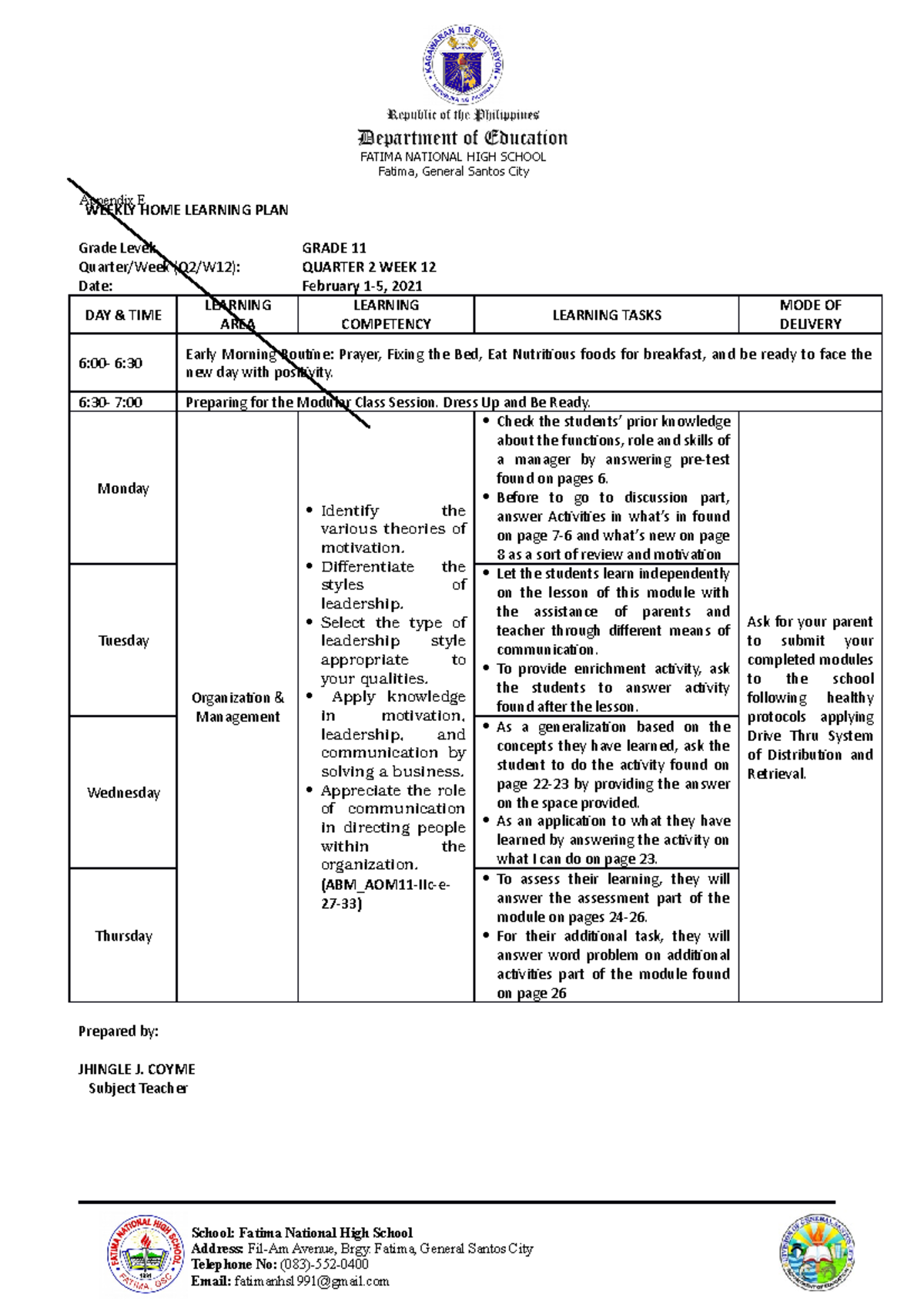 ORG&MNGT WHLP WEEK 12 - WEEKLY HOME LEARNING PLAN Grade Level: GRADE 11 ...