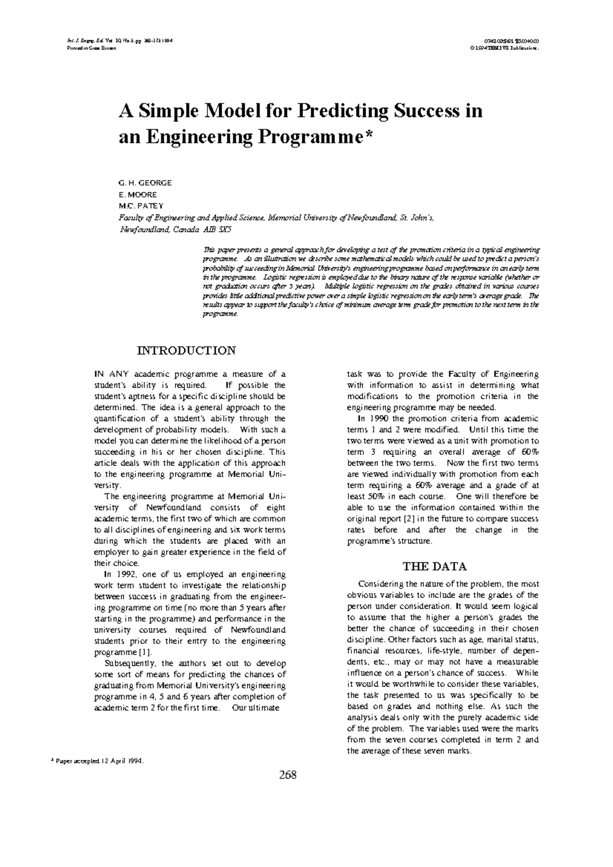 A simple model for predicting success in an engineering programme - Int ...