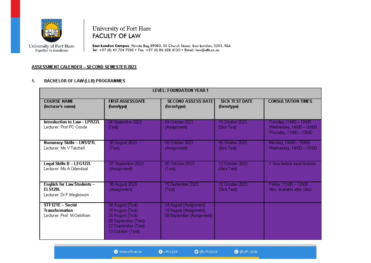 Assessment Dates Second Semester - ASSESSMENT CALENDER – SECOND ...