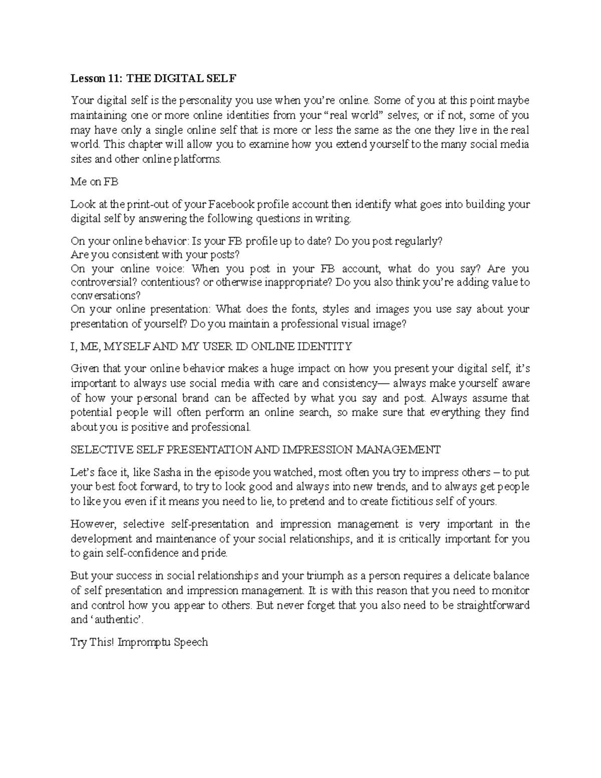 Lesson 11 The Digital Self Lesson 11 THE DIGITAL SELF Your digital