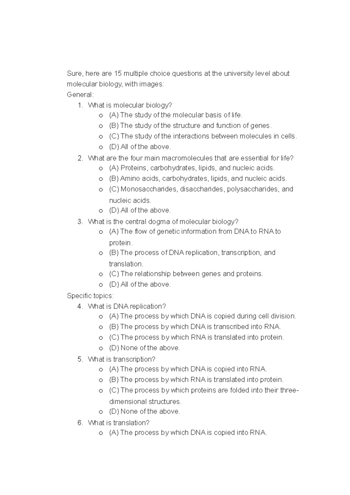 Molecular biology - Sure, here are 15 multiple choice questions at the ...