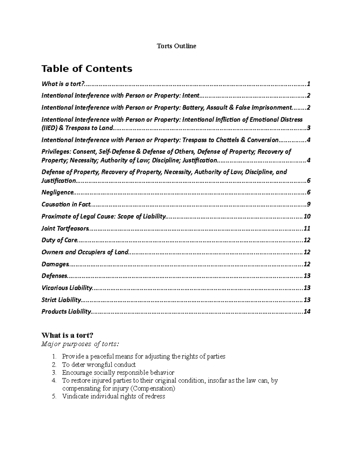 Torts Outline - Torts Outline Table of Contents What is a - Studocu