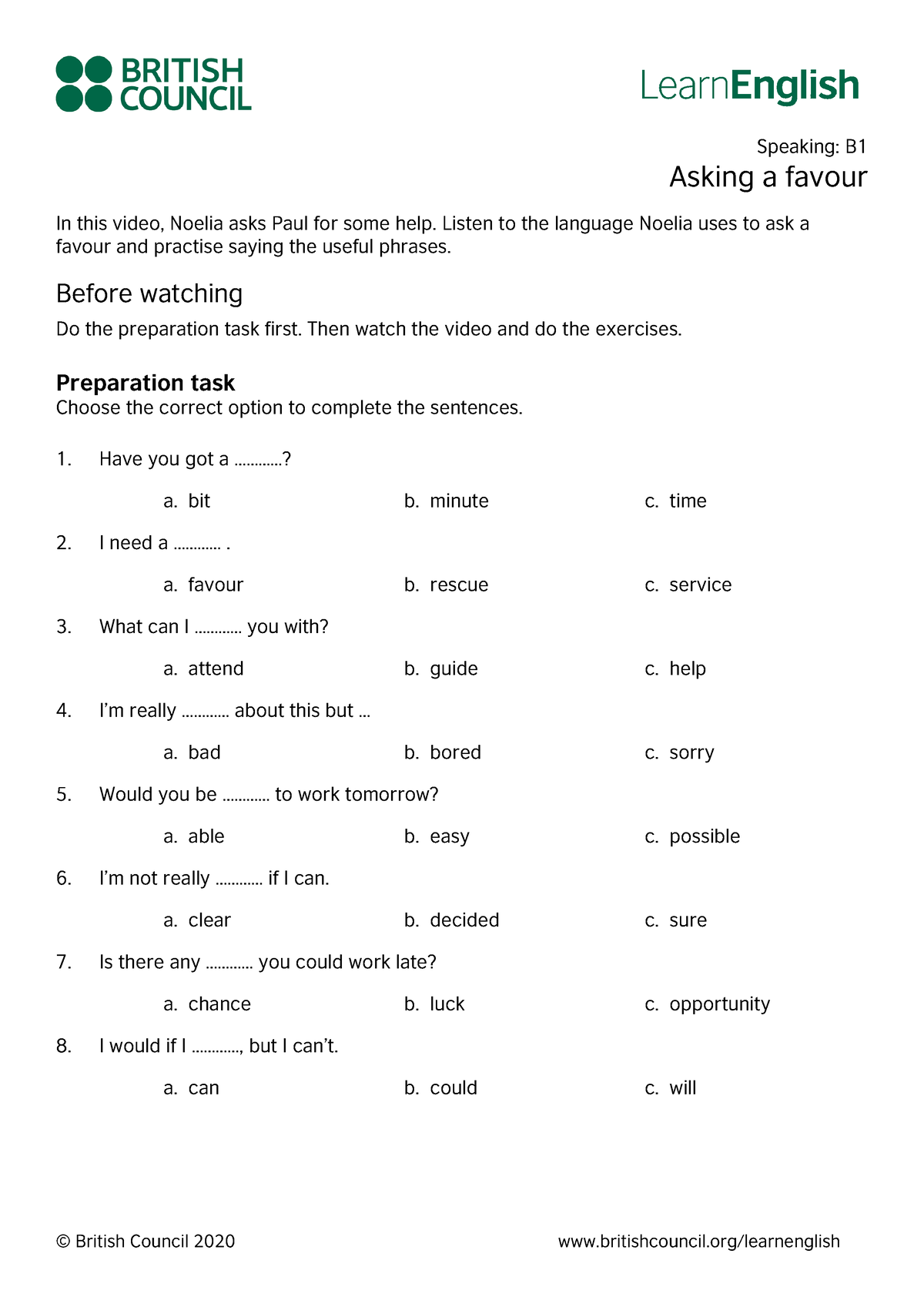 Learn English Speaking B1 Asking A Favour - Speaking: B Asking A Favour ...