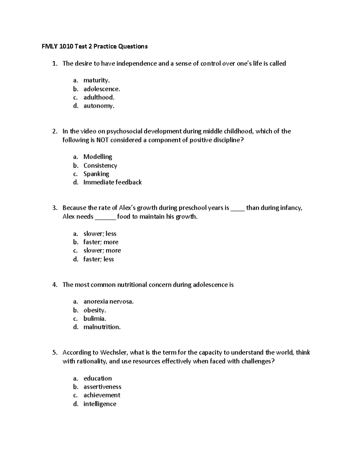 FMLY 1010 Test 2 Practice Questions - Warning: TT: undefined function ...