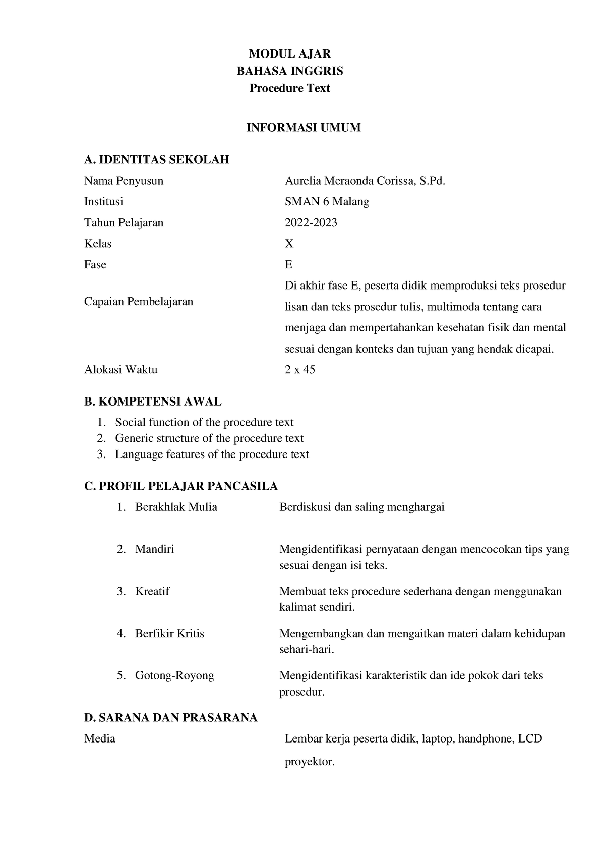 Modul Ajar Aurelia Prosedur Text - Modul Ajar Bahasa Inggris Procedure 