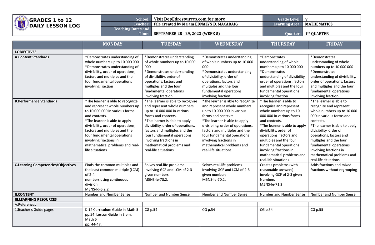 DLL Mathematics 5 Q1 W5 - GRADES 1 to 12 DAILY LESSON LOG School: Visit ...