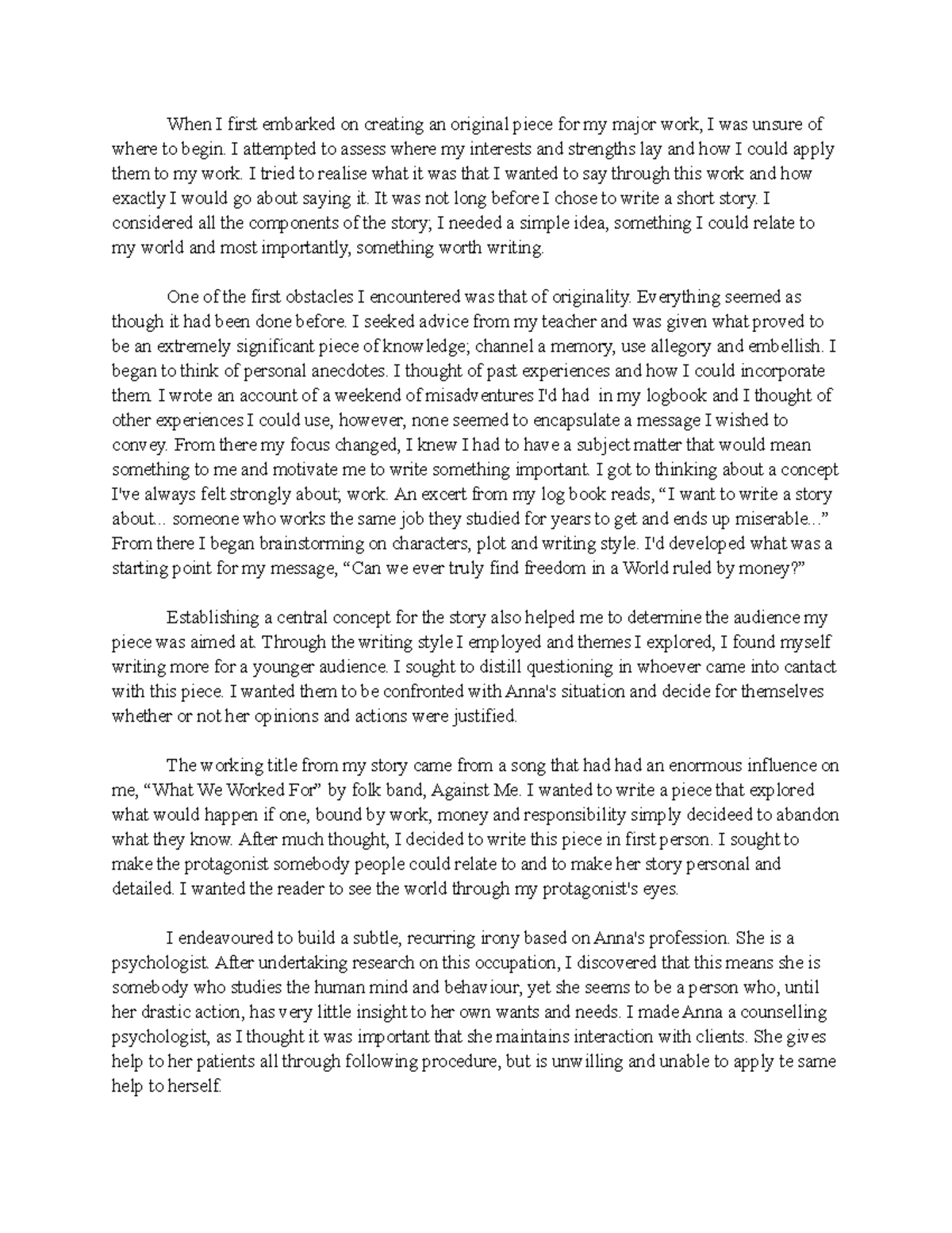 English Extension 2 Notes What We Worked For Reflection Statement