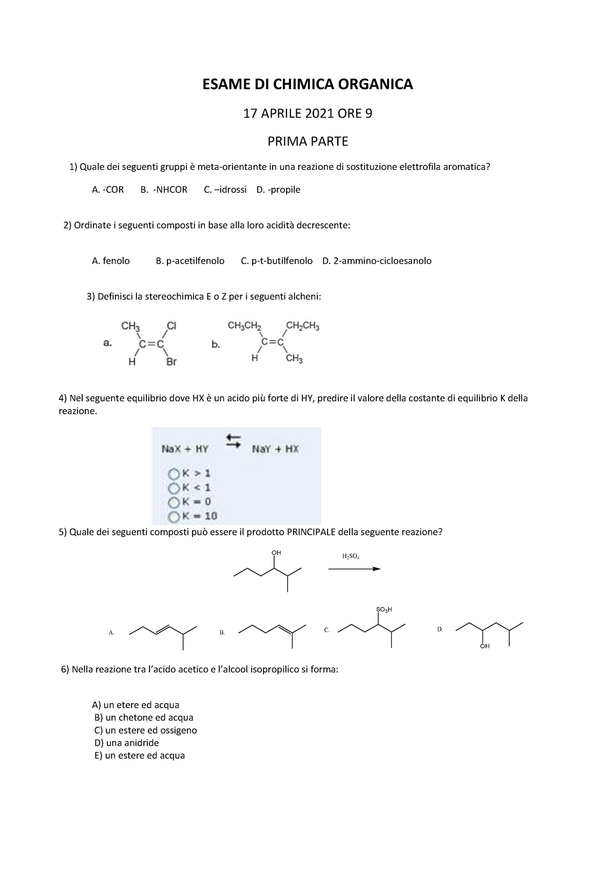 Compito Chimica Ii Aprile 2020 Esame Di Chimica Organica 17 Aprile 2021 Ore 9 Prima Parte 1 8789